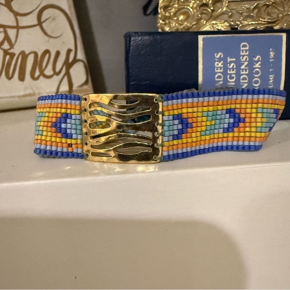 Colorful Mishky Beaded Bracelet With Gold Tone Plate and Eye Beads